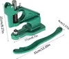 A green metal hand press tool and its handle are shown with dimensions indicated by text overlays. Anteprima dell’immagine prodotto