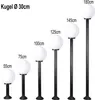 A lineup of outdoor globe lights of varying heights, with labels indicating their sizes. Voir les images du produit