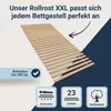 A wooden slatted bed base is shown diagonally on a light background with marketing text and icons. Produktbild-Vorschau