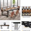 A collage of images showcasing a conference table and its features, including a top-down view, close-ups of the frame, and a weight capacity demonstration. Podgląd zdjęcia produktu