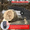 A close-up of a mini chainsaw cutting a log, with text overlays highlighting features. Produktbild-Vorschau