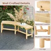 A wooden garden bench with text overlays highlighting its features. Produktbild-Vorschau