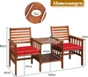 A diagram showing the dimensions of a wooden garden bench set with red cushions. Náhled obrázku produktu