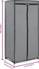 A gray fabric wardrobe with a zipper closure, shown with dimensions indicated by purple lines and text. Produktbild-Vorschau