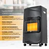 A black gas heater with an orange glowing heating element, presented with descriptive text on the left side. Produktbild-Vorschau