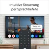 A TV screen displaying a movie interface with a remote control in the foreground, and text overlays indicating voice control. Produktbild-Vorschau