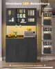 A dark gray kitchen cabinet with LED lighting and various items displayed inside and on top. Voir les images du produit