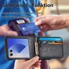 A person is using a credit card at a payment terminal, while a wallet case for a phone is displayed in the foreground. Produktbild-Vorschau