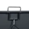 A close-up view of a metal handle and a hook with a chain attached to a dark gray metal surface, likely part of a trash can enclosure. Produktbild-Vorschau