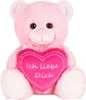 A pink teddy bear holding a pink heart with text on it, isolated on a white background. Produktbild-Vorschau