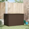 A brown poly rattan garden storage box sits on a grassy lawn in front of a wooden fence and a brick wall. Voir les images du produit