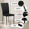 A black dining chair with descriptive text boxes highlighting its features. Produktbild-Vorschau