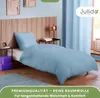 A bedroom scene with a bed made with light blue bedding, a wooden headboard, and decorative elements. Produktbild-Vorschau