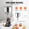 A food-grade material filling machine with various icons and text highlighting its features, along with some fruits and jars of liquids. Voir les images du produit