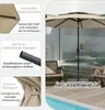 A collage of images showing details of a beige patio umbrella and its features, with a main image of the umbrella set up outdoors. Podgląd zdjęcia produktu