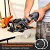 A person is holding a circular saw over a tile, with two saw blades in the foreground. Produktbild-Vorschau