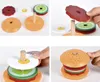 A collage of four images showing a wooden burger stacking toy for toddlers being assembled. Náhľad obrázku produktu