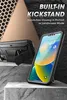 A product shot of a phone case with a built-in kickstand, displayed on a textured surface with a geometric background element. Produktbild-Vorschau