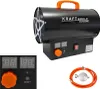 A black gas heater with an orange handle and control knob, shown with a separate inset image of the control panel and a gas hose with regulator. Anteprima dell’immagine prodotto