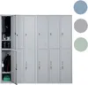 A row of gray metal lockers with some doors open, revealing contents inside. Produktbild-Vorschau
