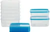 A collection of clear plastic food storage containers with blue lids, stacked in different arrangements. Produktbild-Vorschau