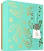 A square gift box with a teal background and gold floral patterns. A ribbon is tied around it, with a decorative charm and a tag attached. Anteprima dell’immagine prodotto