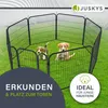 Two puppies are playing inside a black metal dog playpen set up on a green lawn. Podgląd zdjęcia produktu