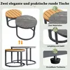 A collage of images showing two round coffee tables, one with a wood-grain top and the other with a marble-effect top, and close-ups of their features. Produktbild-Vorschau