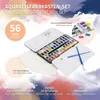 A watercolour paint set is displayed with its components, including paints, brushes, and paper, against a colorful, abstract background. Podgląd zdjęcia produktu