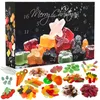 A collection of various candies, including gummy bears, licorice, and other sweets, arranged in front of a Christmas-themed advent calendar box. Produktbild-Vorschau
