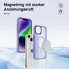 A light purple iPhone case with a magnetic ring is shown next to an iPhone, with a magnetic charger. Produktbild-Vorschau
