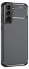 A close-up, angled view of a black smartphone case with a carbon fiber texture. Produktbild-Vorschau