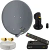A collection of satellite dish components and accessories laid out on a white background. Produktbild-Vorschau