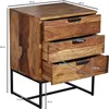 A wooden nightstand with black metal legs and three drawers, shown with dimensions indicated by lines and text. Anteprima dell’immagine prodotto