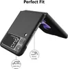 A black flip phone case is shown open, revealing the phone inside. The image highlights features of the case with callouts. Náhľad obrázku produktu
