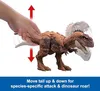 A hand is shown moving the tail of a dinosaur toy up and down, with arrows indicating the movement. Text below explains the function. Produktbild-Vorschau
