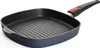 A square grill pan with a black interior and gray exterior, featuring a black handle with a red accent. Produktbild-Vorschau