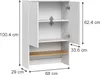 A white cabinet with wooden shelves, shown with dimensions indicated by measurement lines and text. Produktbild-Vorschau