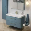 A modern bathroom vanity with a sink and faucet, a tall cabinet, and a small side table with accessories. Podgląd zdjęcia produktu