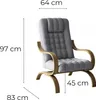 A gray armchair with wooden armrests and base, with dimensions indicated by text overlays. Podgląd zdjęcia produktu