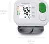 A medisana BW 345 Handheld Blood Pressure Monitor is shown from a slightly elevated front-diagonal angle, with dimensions indicated. Produktbild-Vorschau