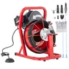 A red and black electric drain cleaning machine with a coiled cable and various attachments is displayed against a white background. Podgląd zdjęcia produktu