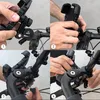 A collage of four images showing the step-by-step installation of a phone holder onto a bicycle handlebar. Produktbild-Vorschau