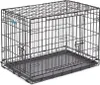 A black wire dog crate with a gray plastic tray is shown from a slightly elevated side angle against a white background. Podgląd zdjęcia produktu