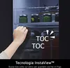 A hand is shown interacting with a refrigerator door, with text overlays indicating a feature. Produktbild-Vorschau