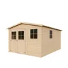 A wooden garden shed with windows and doors, presented on a white background. Anteprima dell’immagine prodotto