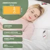 A woman sleeping peacefully on a bed, with marketing graphics overlayed on the left side of the image. Produktbild-Vorschau