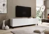 A modern living room scene featuring a white TV lowboard with a television mounted above it.