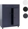 A dark gray metal filing cabinet with two drawers on top and two doors below, one of which is open, revealing shelves inside. The cabinet is on wheels. Produktbild-Vorschau