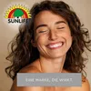 A woman smiling with her eyes closed, with a logo and text overlay. Produktbild-Vorschau